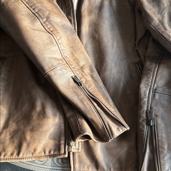 Lucky Brand Men's Tan Leather racer jacket - Picture 5 of 7